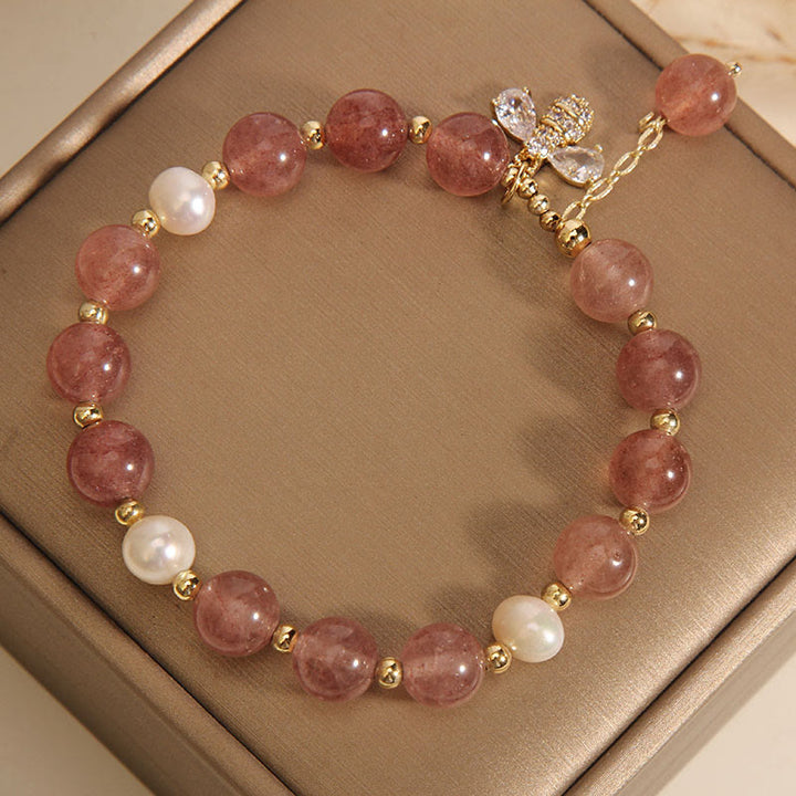 Pulsera con dije positivo de abeja y circonita, Perla de cuarzo fresa y piedras de Buddha Stones