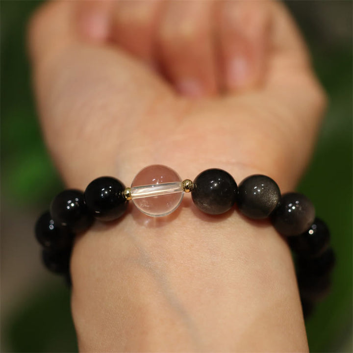 Pulsera de pareja de Color Yin Yang con protección de cristal blanco de cristal rosa obsidiana con brillo de plata Natural - Obsidiana plateada brillante y cristal blanco de 10 mm - image 2