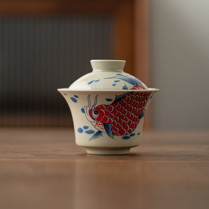 Buddha Stones Koi Arowana cerámica Gaiwan Sancai taza de té Kung Fu con tapa 130ml