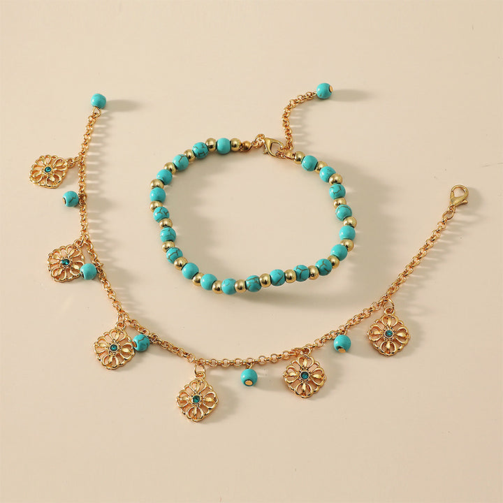 Tobillera con pulsera de protección de flores de piedra turquesa de 2 piezas