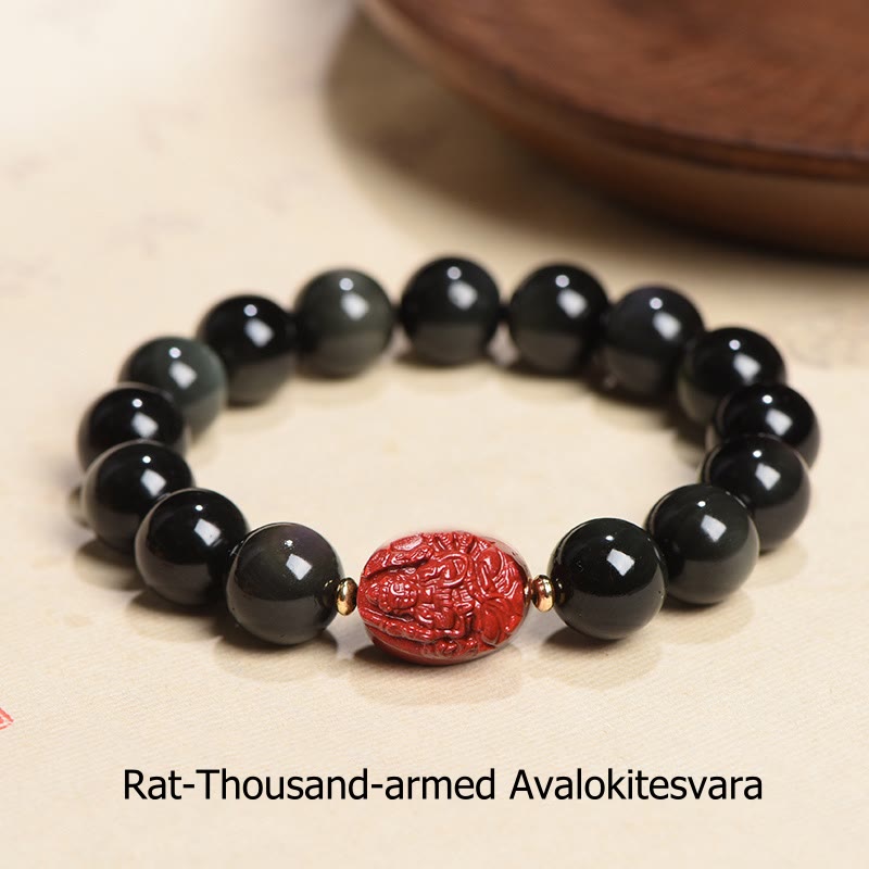 Pulsera de purificación de cinabrio de obsidiana negra Natural de Buda natal del zodiaco chino con Buddha Stones