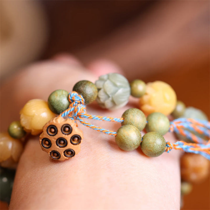 Pulsera de armonía de sabiduría de sándalo verde de loto con semillas de Bodhi de Buddha Stones