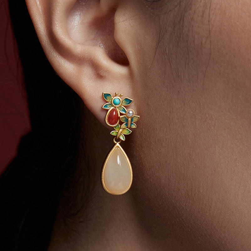 Pendientes colgantes con forma de gota de agua , Buddha Stones , Jade blanco, ágata roja, mariposa, protección