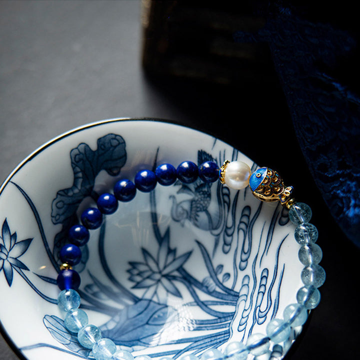 Pulsera curativa de peces de lazurita de aguamarina natural de Buddha Stones