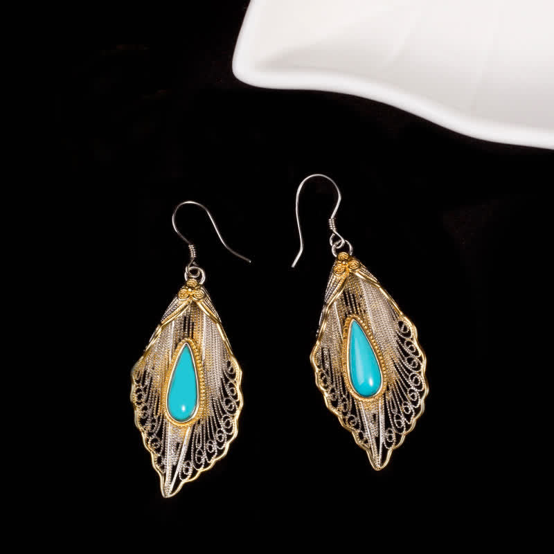 Pendientes colgantes de plata de ley 925 con diseño de hoja de Bodhi turquesa