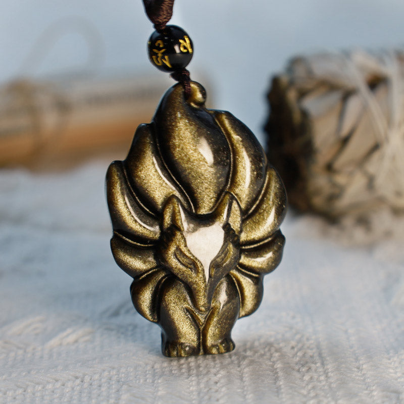 Buddha Stones, obsidiana arcoíris Natural, brillo dorado, obsidiana, zorro de nueve colas, colgante positivo - image 9