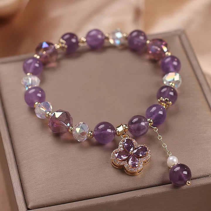 Pulsera de curación espiritual con trébol de cuatro hojas y cristal de amatista natural con Buddha Stones