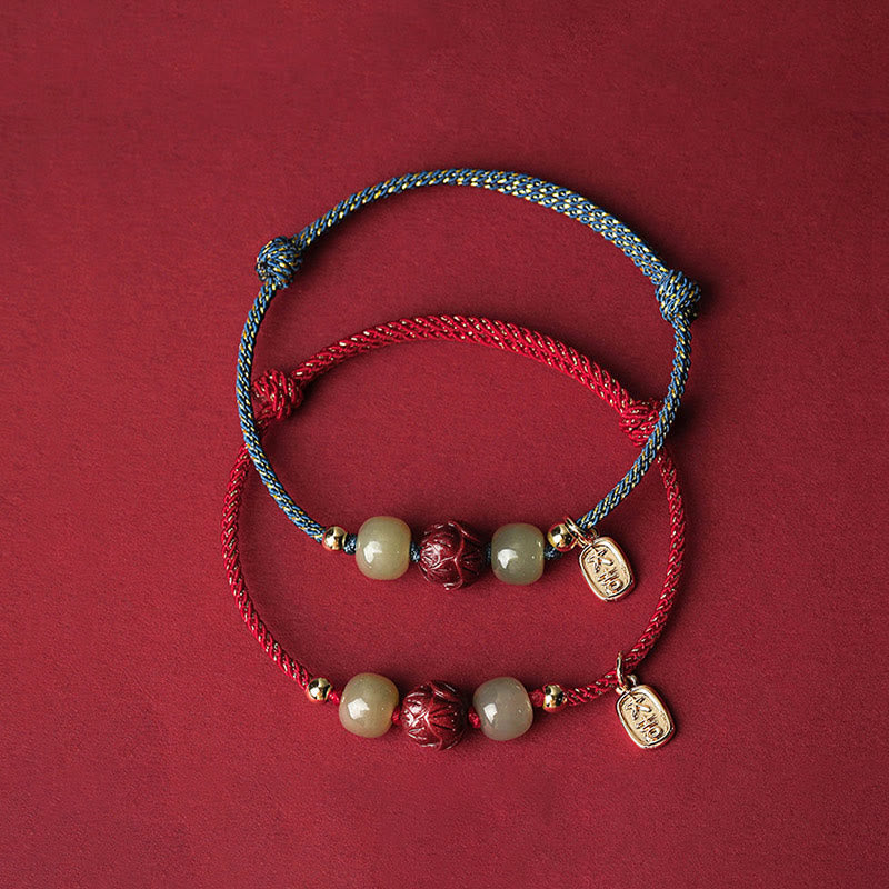 Pulsera de cuerda hecha a mano con Buddha Stones chapadas en oro de 14 quilates, jade hetiano, cinabrio, suerte de loto - image 2