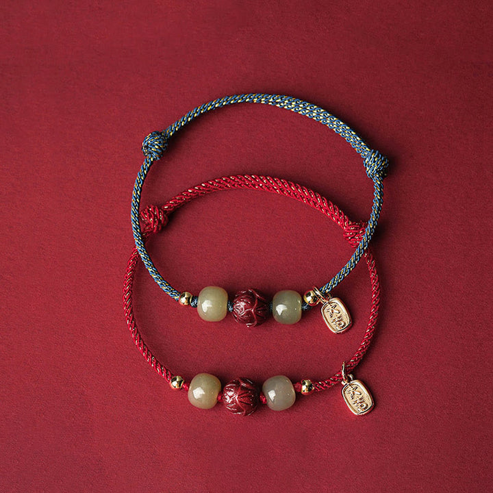 Pulsera de cuerda hecha a mano con Buddha Stones chapadas en oro de 14 quilates, jade hetiano, cinabrio, suerte de loto - image 2