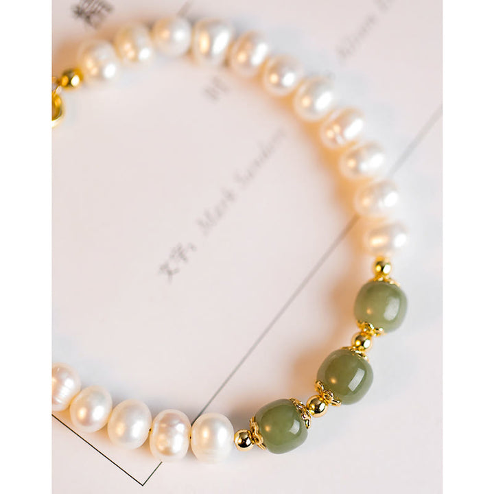 Pulsera de cadena de cuentas de sinceridad de jade blanco de jade cian hetiano con perlas naturales chapadas en oro de 14 quilates