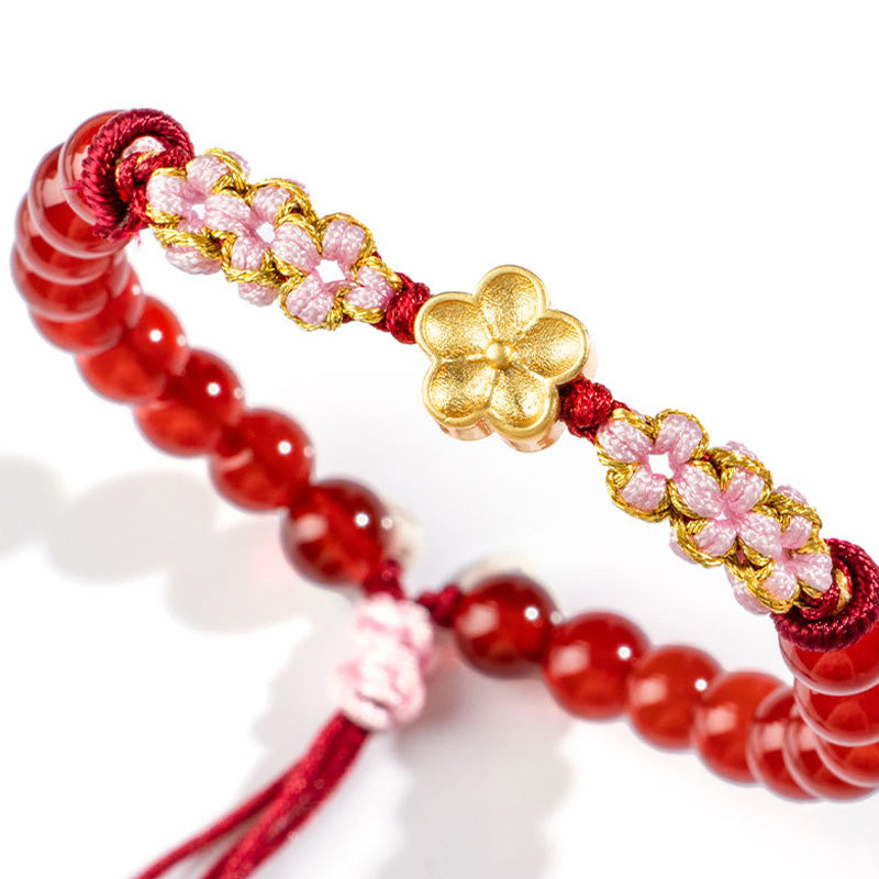 Pulsera de plata de ley 999 con Buddha Stones , ágata roja natural, cristal rosa, flor de cerezo