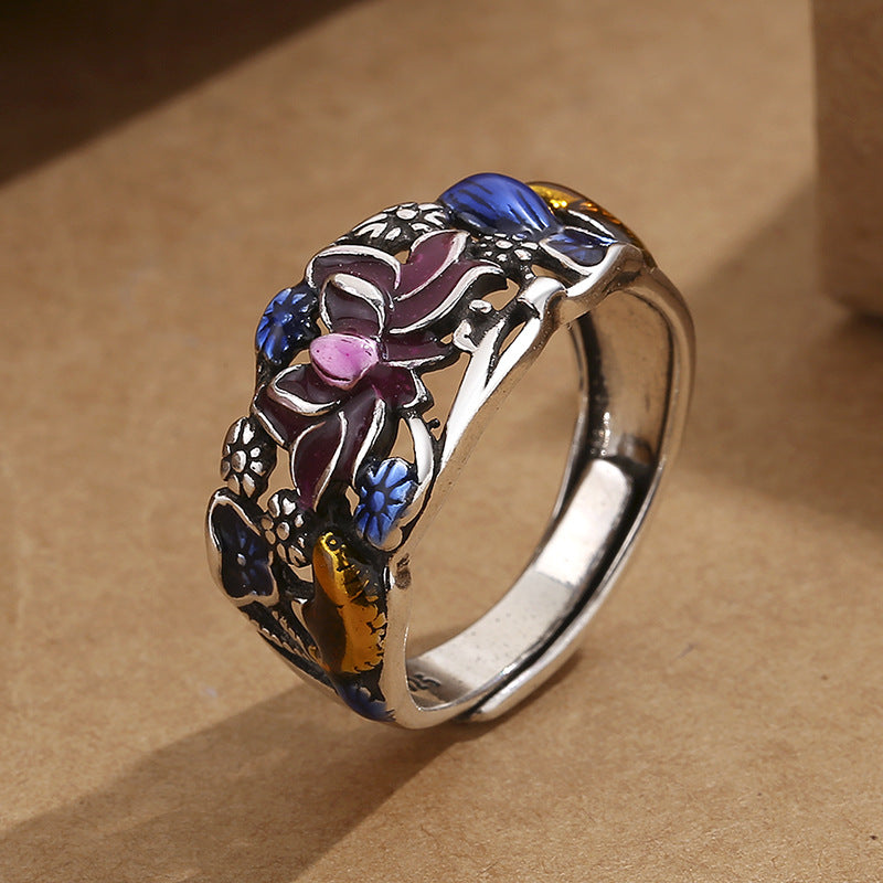 Anillo de riqueza de la suerte con diseño de hojas de flor de loto y peces Koi de Buddha Stones