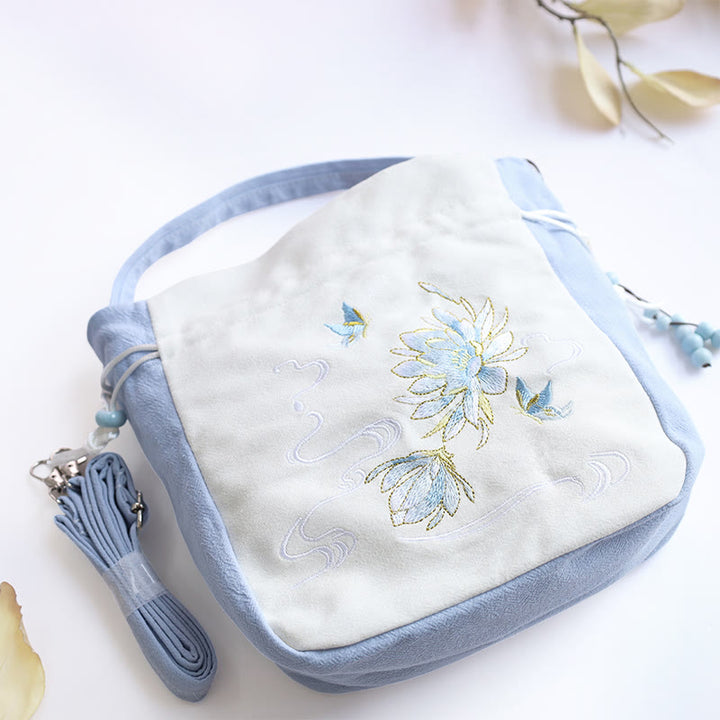 Bolso bandolera con Buddha Stones, bordado, mariposa, loto, magnolia, algodón y lino