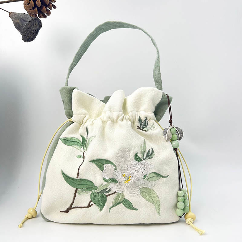 Bolso bandolera con Buddha Stones, bordado, mariposa, loto, magnolia, algodón y lino