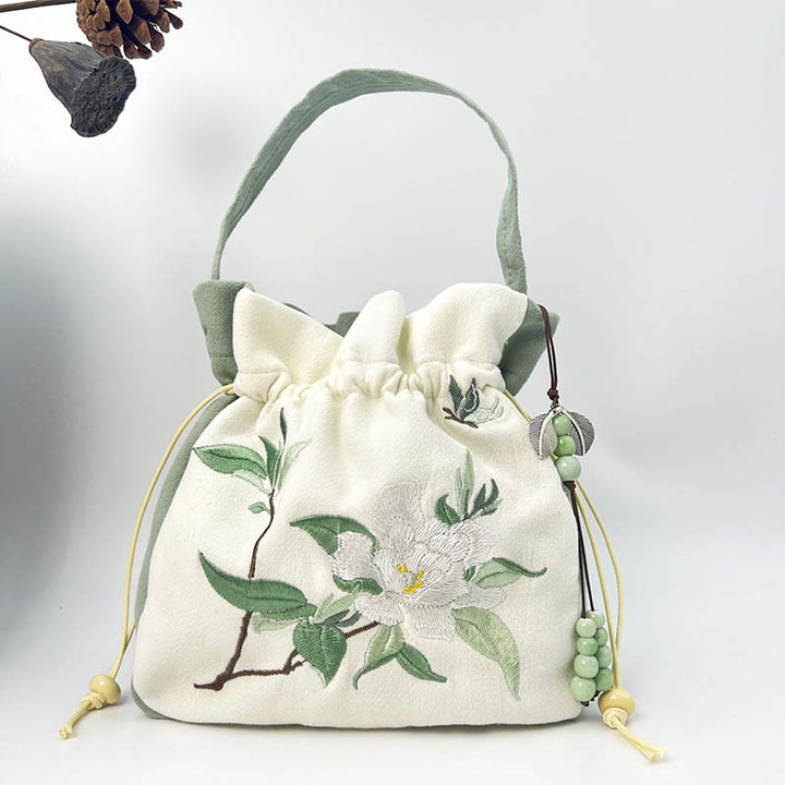 Bolso bandolera con Buddha Stones, bordado, mariposa, loto, magnolia, algodón y lino