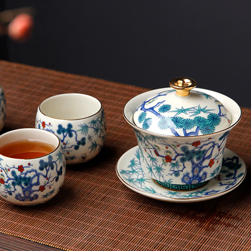 Buddha Stones Retro, flor de ciruelo, pino, bambú, Phoenix, Kirin, cerámica, Gaiwan Sancai, taza de té de Kung Fu y platillo con tapa