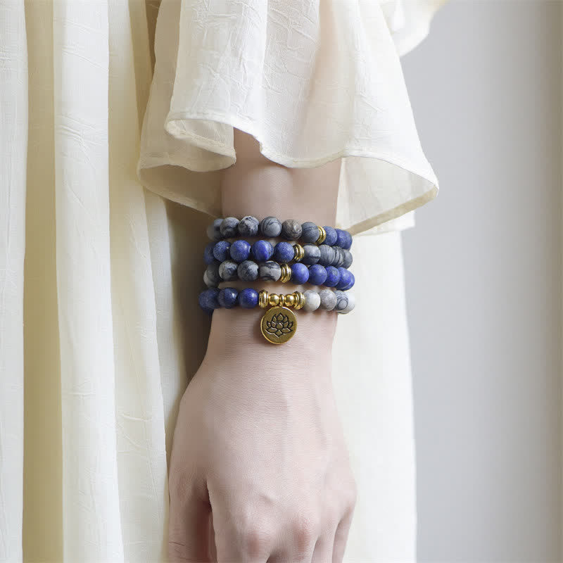 Pulsera de cuentas de oración con Buddha Stones , lazurita, lapislázuli, jaspe Picasso, amazonita, rodonita, apatita y loto positivo. - image 1