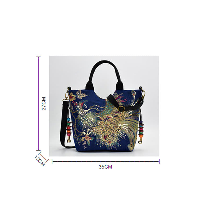 Bolso de mano con bordado de doble cara de pavo real con Buddha Stones, bolso bandolera
