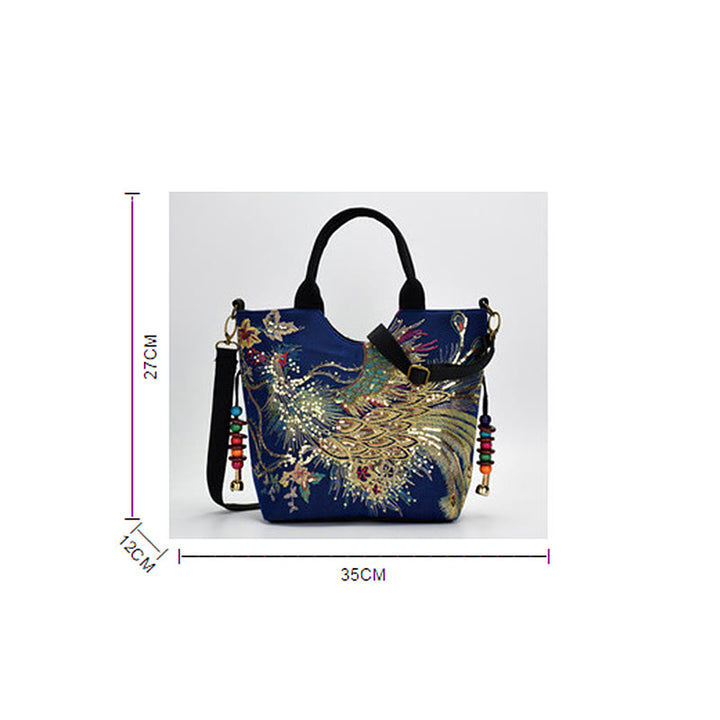 Bolso de mano con bordado de doble cara de pavo real con Buddha Stones, bolso bandolera