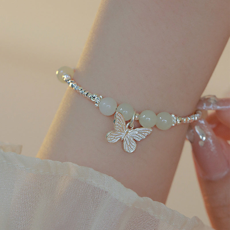 Pulsera con dije de mariposa de la suerte de jade hetiano natural de plata de ley 925 con Buddha Stones