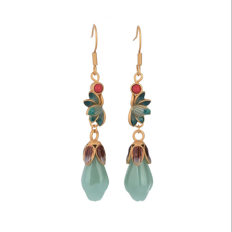 Pendientes colgantes con forma de flor de magnolia y jade, diseño de suerte y prosperidad
