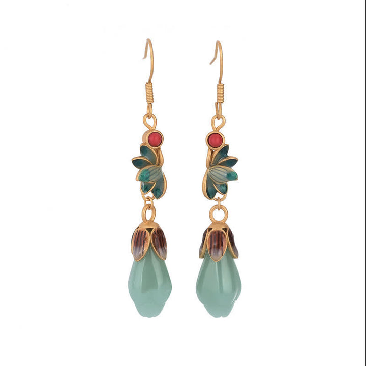 Pendientes colgantes con forma de flor de magnolia y jade, diseño de suerte y prosperidad