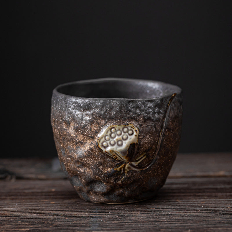 Taza de té de cerámica con Buddha Stones, hoja de vaina de loto, flor, nubes propicias, taza de té de Kung Fu