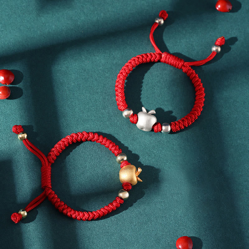 Pulsera para niños hecha a mano con Buddha Stones de plata de ley 999, color rojo manzana, cuerda multicolor, protección de la suerte