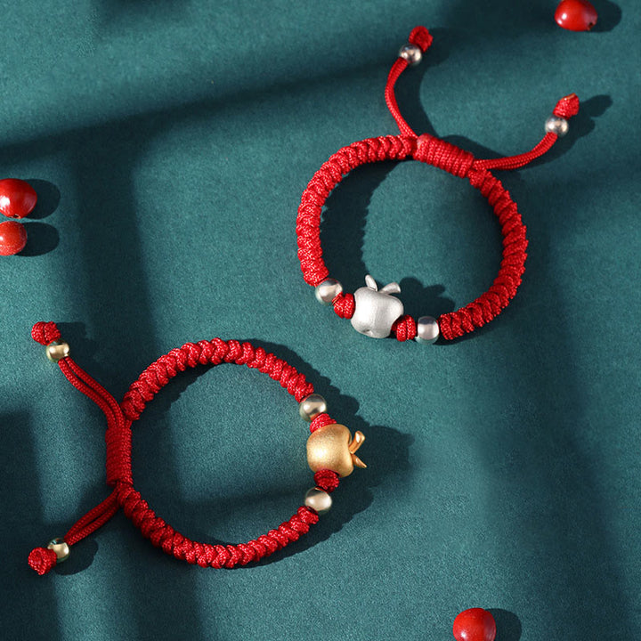 Pulsera para niños hecha a mano con Buddha Stones de plata de ley 999, color rojo manzana, cuerda multicolor, protección de la suerte