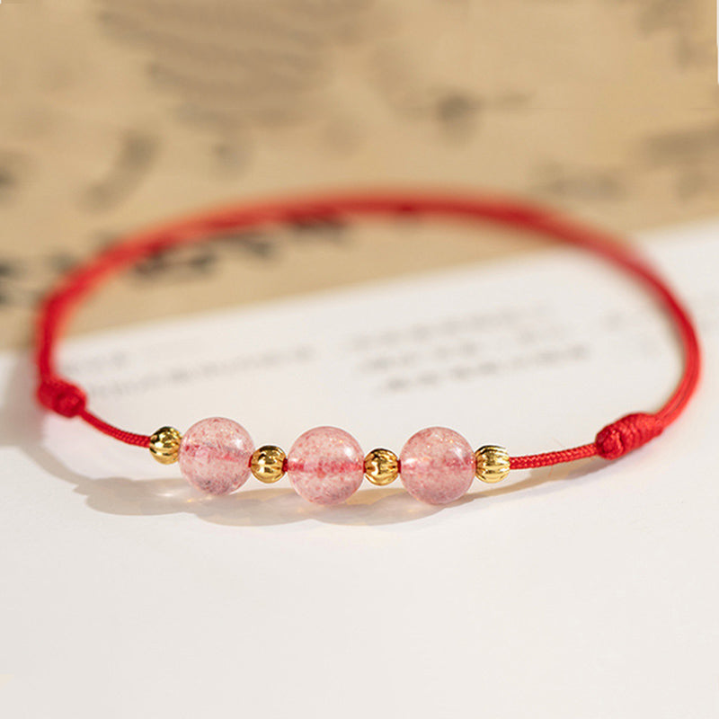 Tobillera con hilo rojo de la suerte con cuentas de cristal de fresa y piedras de Buddha Stones