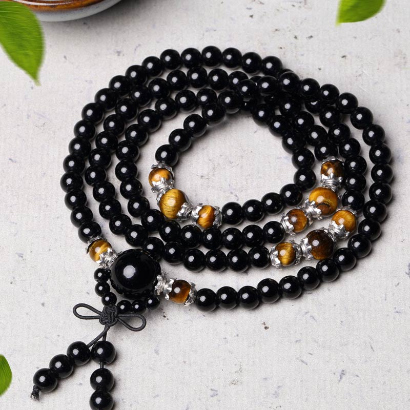 Pulsera Mala de ojo de tigre de obsidiana negra natural con 108 Buddha Stones