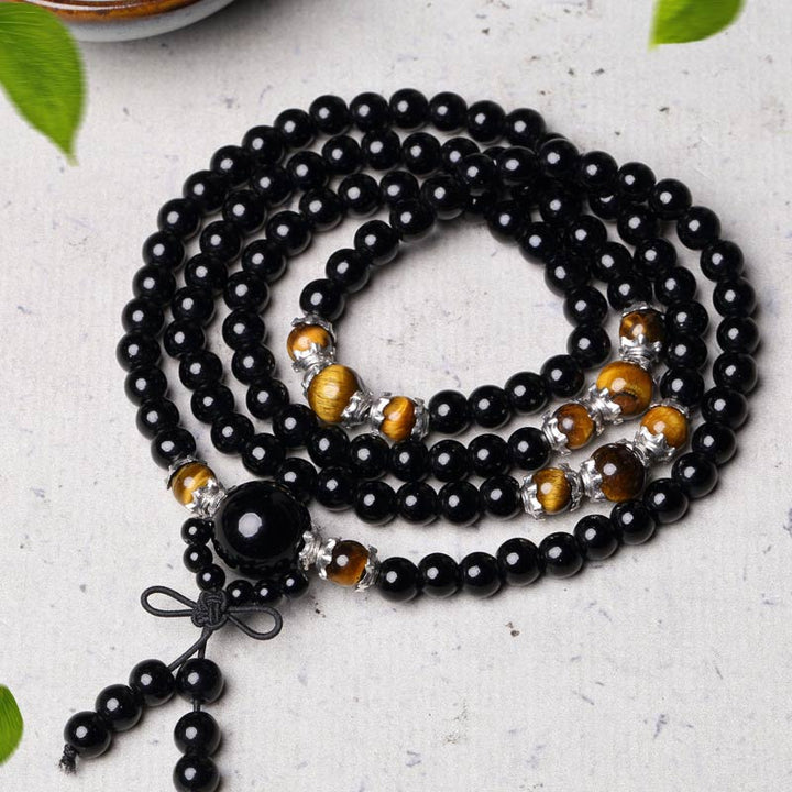 Pulsera Mala de ojo de tigre de obsidiana negra natural con 108 Buddha Stones