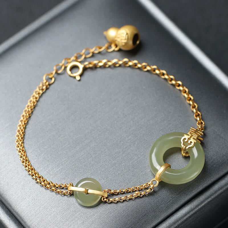 Pulsera de cadena de prosperidad auspiciosa con personaje Fu de calabaza con hebilla de paz redonda de Jade