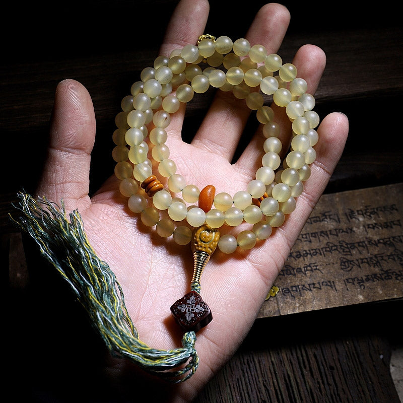 Pulsera de la suerte con 108 cuentas de Mala, cuerno de oveja del Tíbet, ámbar