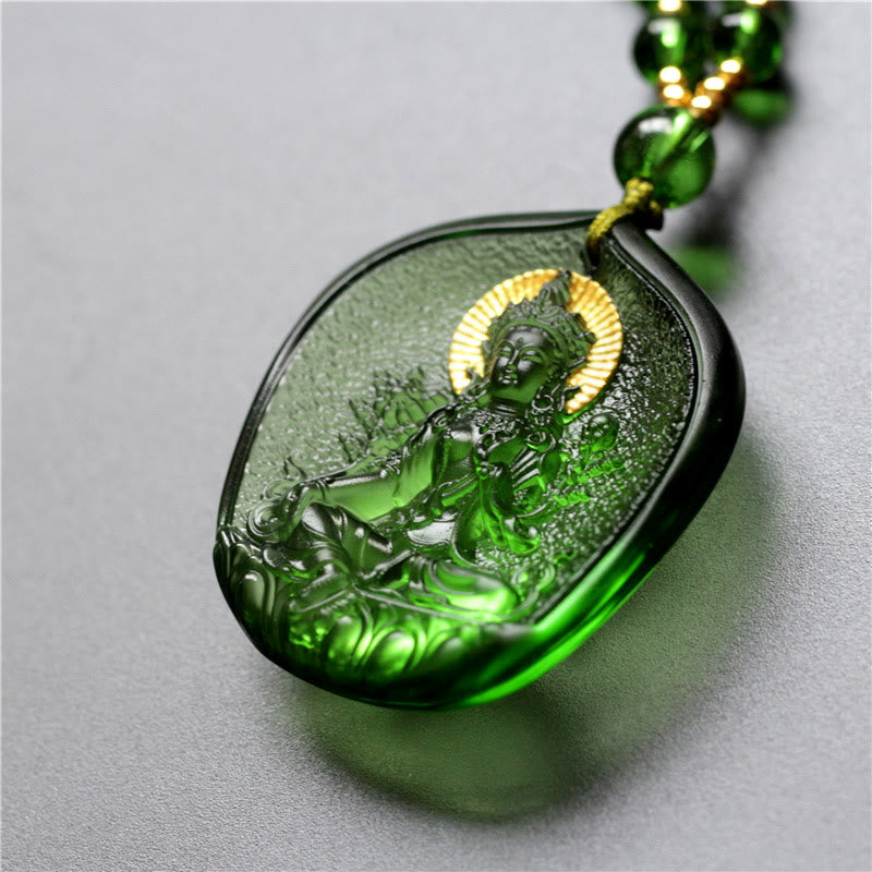 Buddha Stones Tara Verde Tibetana Buda Chapado en Oro Liuli Collar de protección de Cristal Colgante - image 3