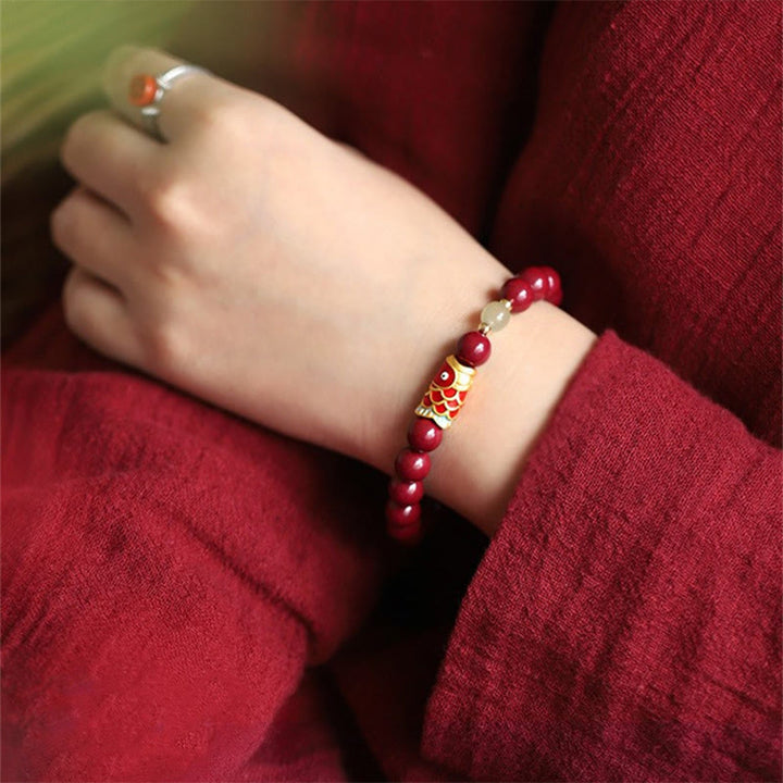 Pulsera de bendición con cuentas de jade hetiano, pez Koi de la suerte, cinabrio Natural , Buddha Stones