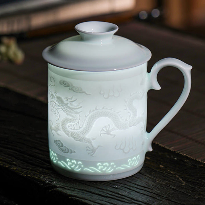 Buddha Stones Jingdezhen Linglong porcelana auspiciosa dragón Fénix barco navegación suave taza de té de cerámica tazas de té de oficina 420ml