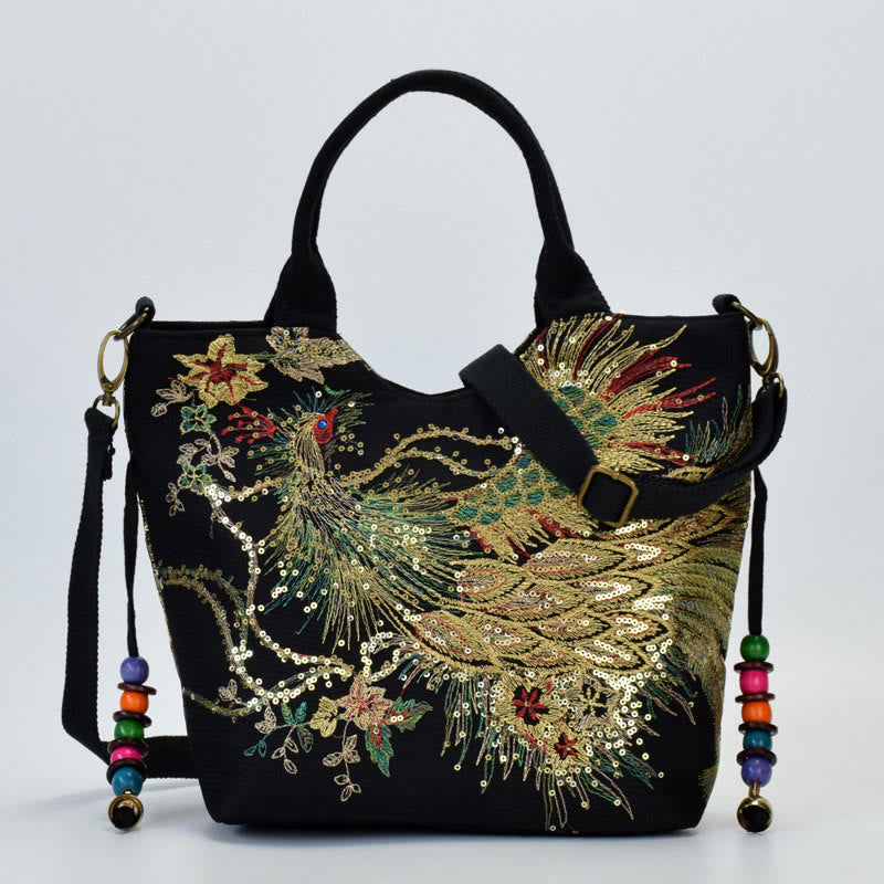 Bolso de mano con bordado de doble cara de pavo real con Buddha Stones, bolso bandolera