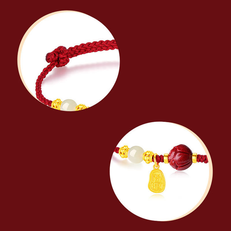 Pulsera de cuerda de la suerte de loto con cinabrio de jade blanco hetiano chapado en oro de 24 Buddha Stones