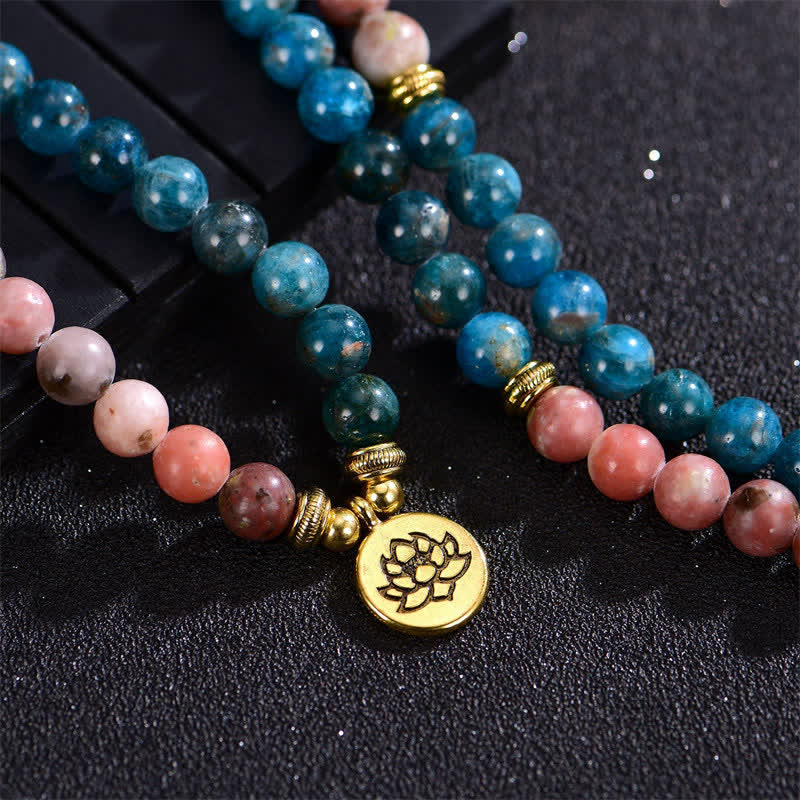 Buddha Stones Lazurita Jaspe Picasso Amazonita Rodonita Apatita Pulsera de cuentas de oración de loto positivo