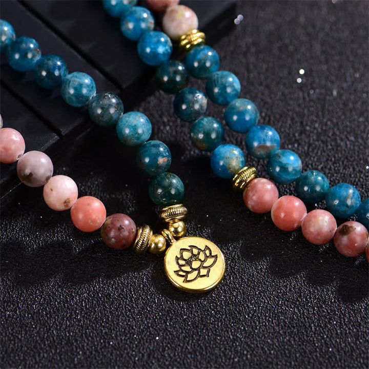 Buddha Stones Lazurita Jaspe Picasso Amazonita Rodonita Apatita Pulsera de cuentas de oración de loto positivo