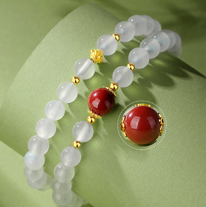 Pulsera de protección doble de cinabrio de ágata blanca natural de plata de ley 925 con Buddha Stones