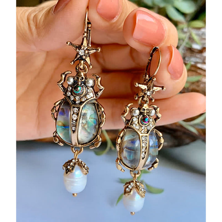 Pendientes colgantes con forma de calavera y escarabajo, estilo vintage, con perlas de cristal y escarabajo