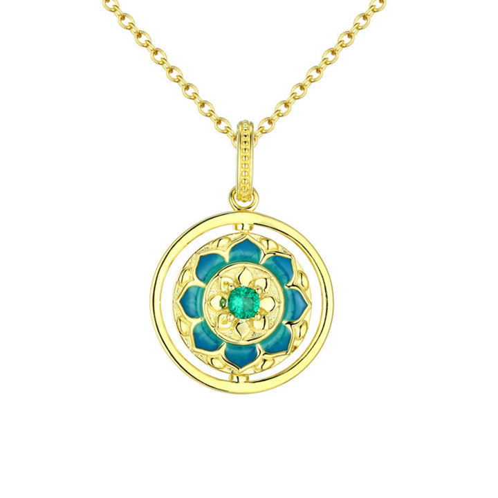 Colgante de collar giratorio con iluminación de circonita floral con flor de loto de Plata de Ley 925 con Buddha Stones - image 4