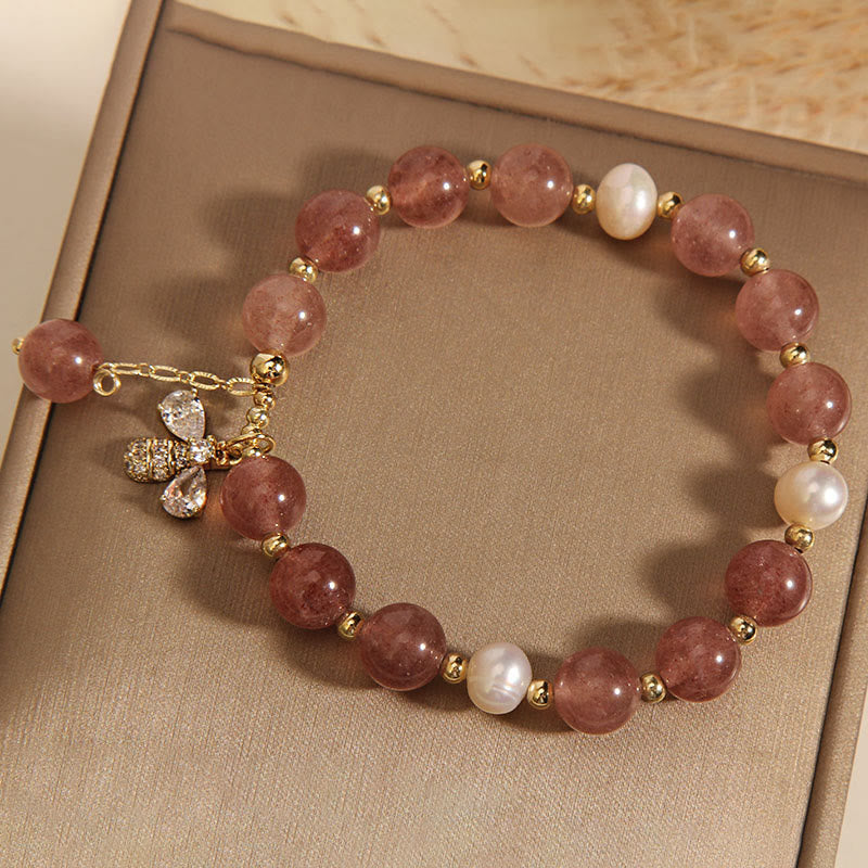 Pulsera con dije positivo de abeja y circonita, Perla de cuarzo fresa y piedras de Buddha Stones