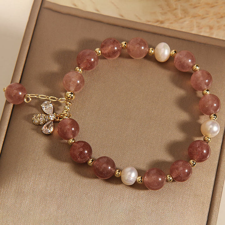 Pulsera con dije positivo de abeja y circonita, Perla de cuarzo fresa y piedras de Buddha Stones
