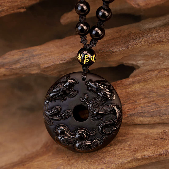 Buddha Stones Obsidiana Negra Dragón Fénix Pato Mandarín Collar de Protección de la Suerte Colgante