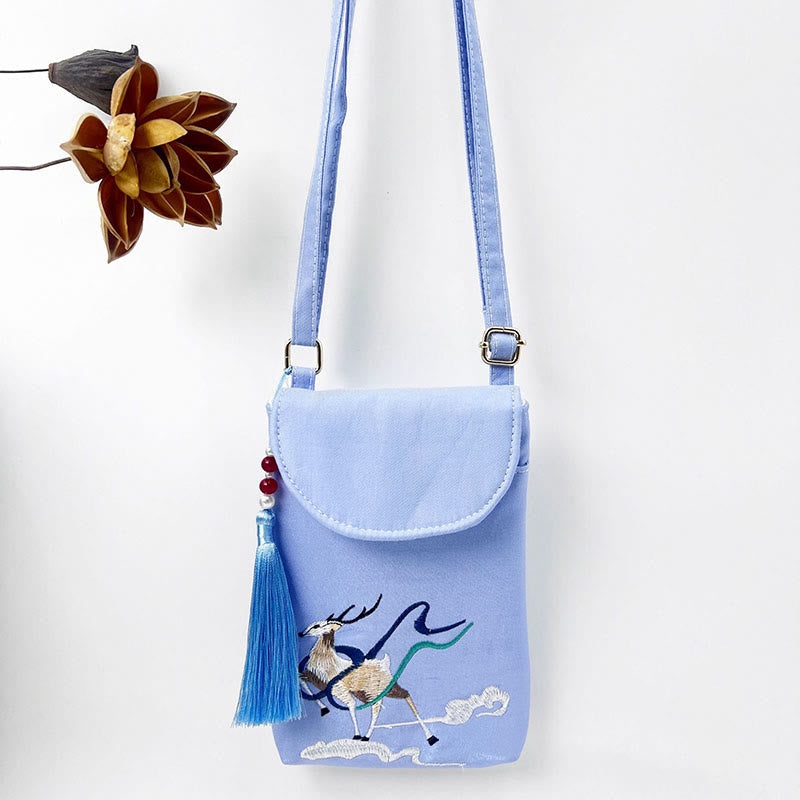 Bolso bandolera con flores bordadas pequeñas y Buddha Stones, bolso de hombro, bolso para móvil de doble capa