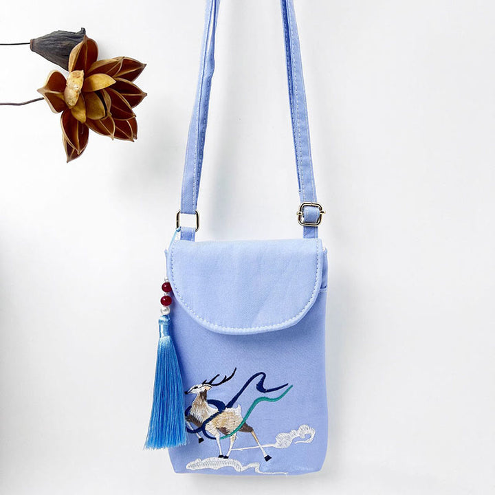 Bolso bandolera con flores bordadas pequeñas y Buddha Stones, bolso de hombro, bolso para móvil de doble capa