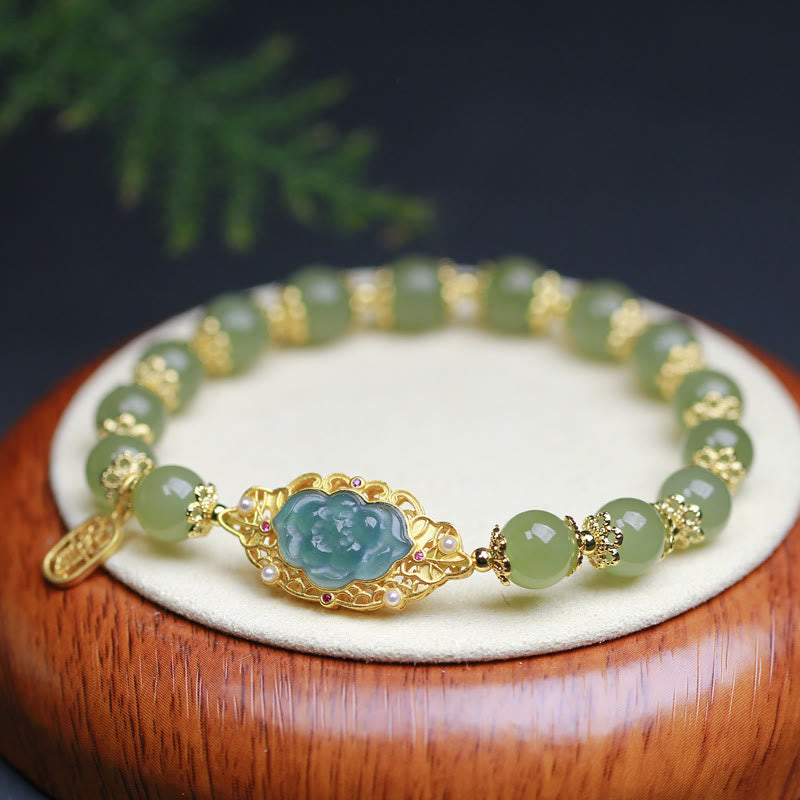 Pulsera de la suerte con Buddha Stones , jade hetiano y loto, chapada en plata de ley 925 y oro de 14 quilates - Jade Hetian (Prosperidad♥Abundancia) - image 0